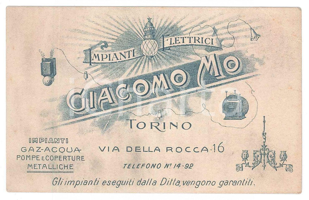 Oggetto da collezione cartaceo 1910 ca TORINO Via della rocca  Impianti elettrici Giacomo MO Biglietto 12x7 cm 1