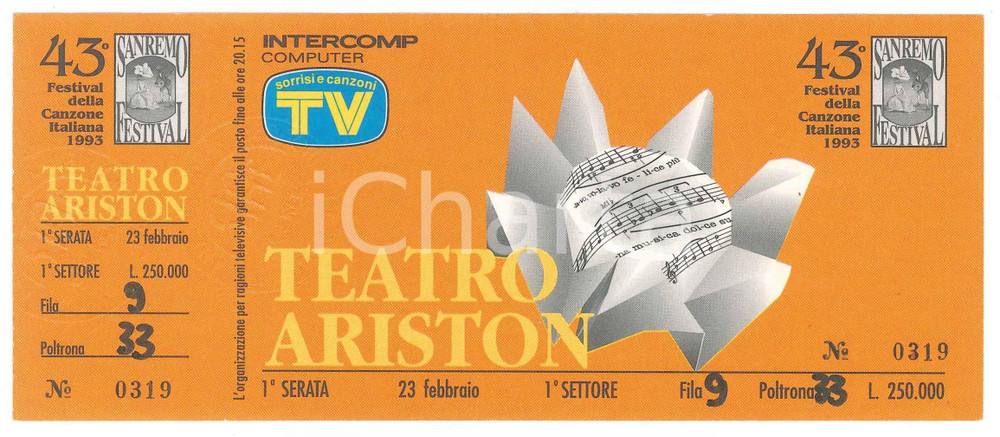 Oggetto da collezione cartaceo 1993 FESTIVAL DI SANREMO 1 serata  Biglietto 1° settore  Fila 9 Poltrona 33 1