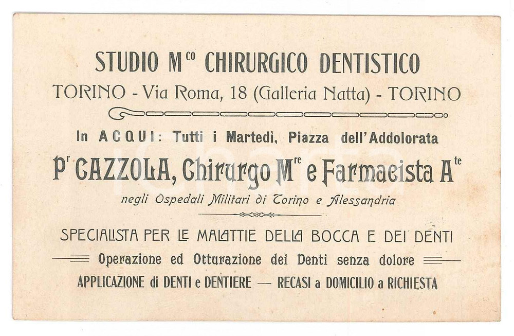 Oggetto da collezione cartaceo 1920 ca TORINO / ACQUI Studio dentistico CAZZOLA Biglietto da visita 11x7 cm 1
