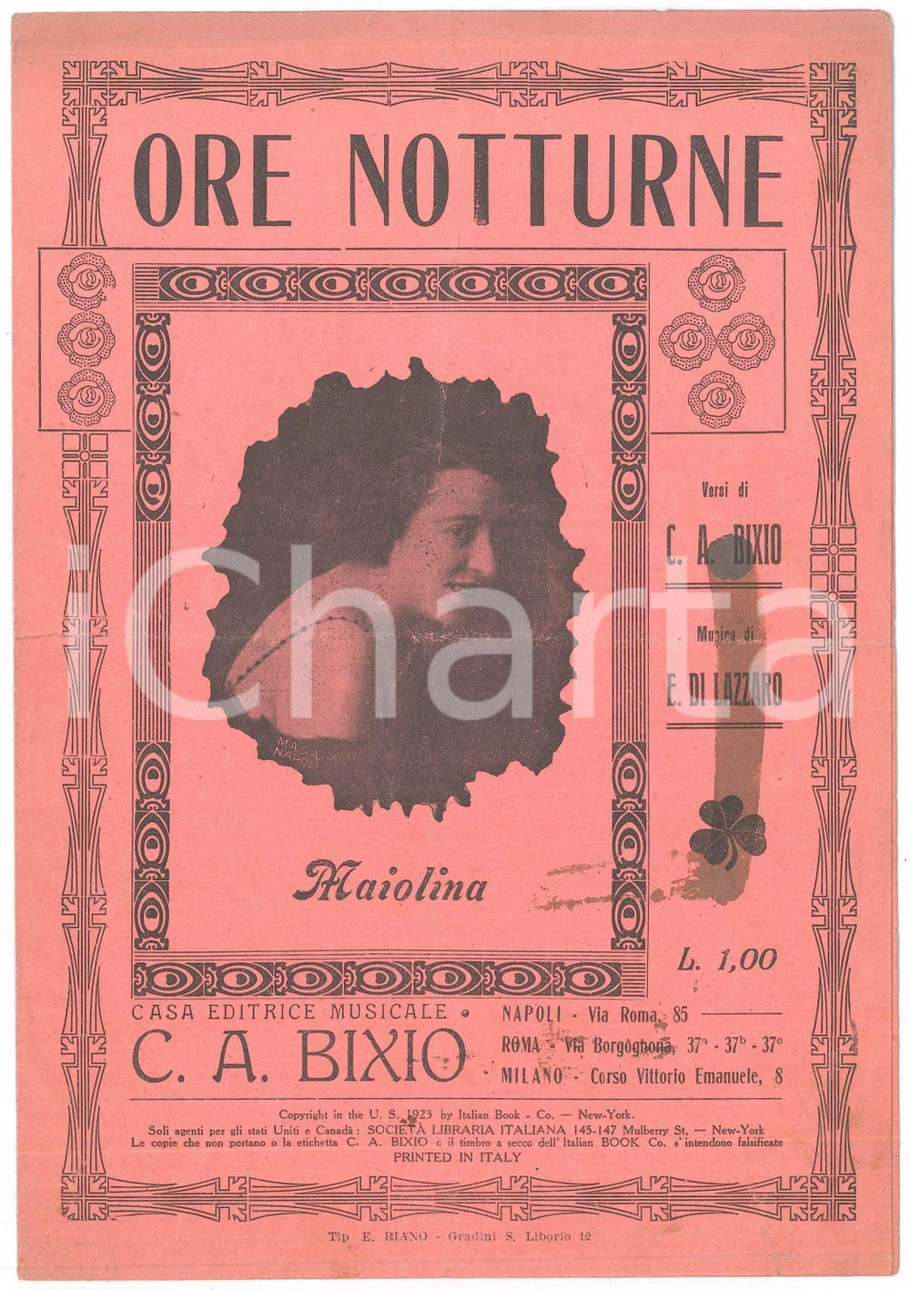 Oggetto da collezione cartaceo 1923 C. A. BIXIO  E. DI LAZZARO Ore notturne  Maiolina Spartito DANNEGGIATO 1
