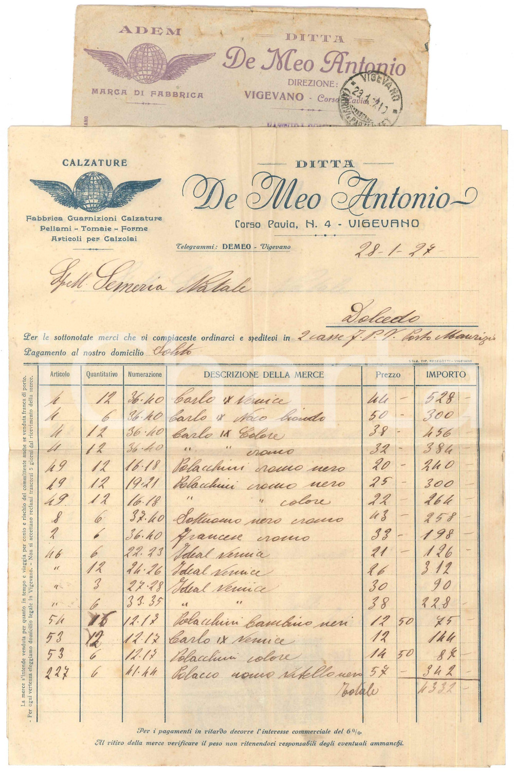 Documento originale, autentico 1927 VIGEVANO PV Ditta Antonio DE MEO calzature  Fattura manoscritta 1