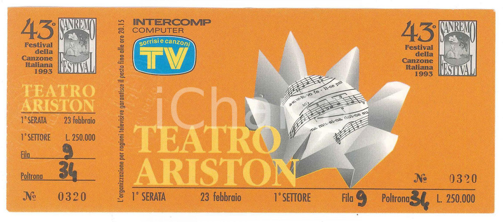 Oggetto da collezione cartaceo 1993 FESTIVAL DI SANREMO 1 serata  Biglietto 1° settore  Fila 9 Poltrona 34 1