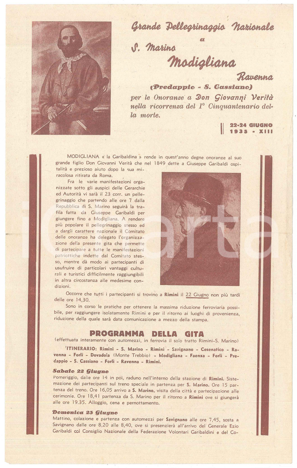 Materiale pubblicitario d’epoca 1935 TURISMO Pellegrinaggio onoranze don Giovanni VERITA  Programma gita 1