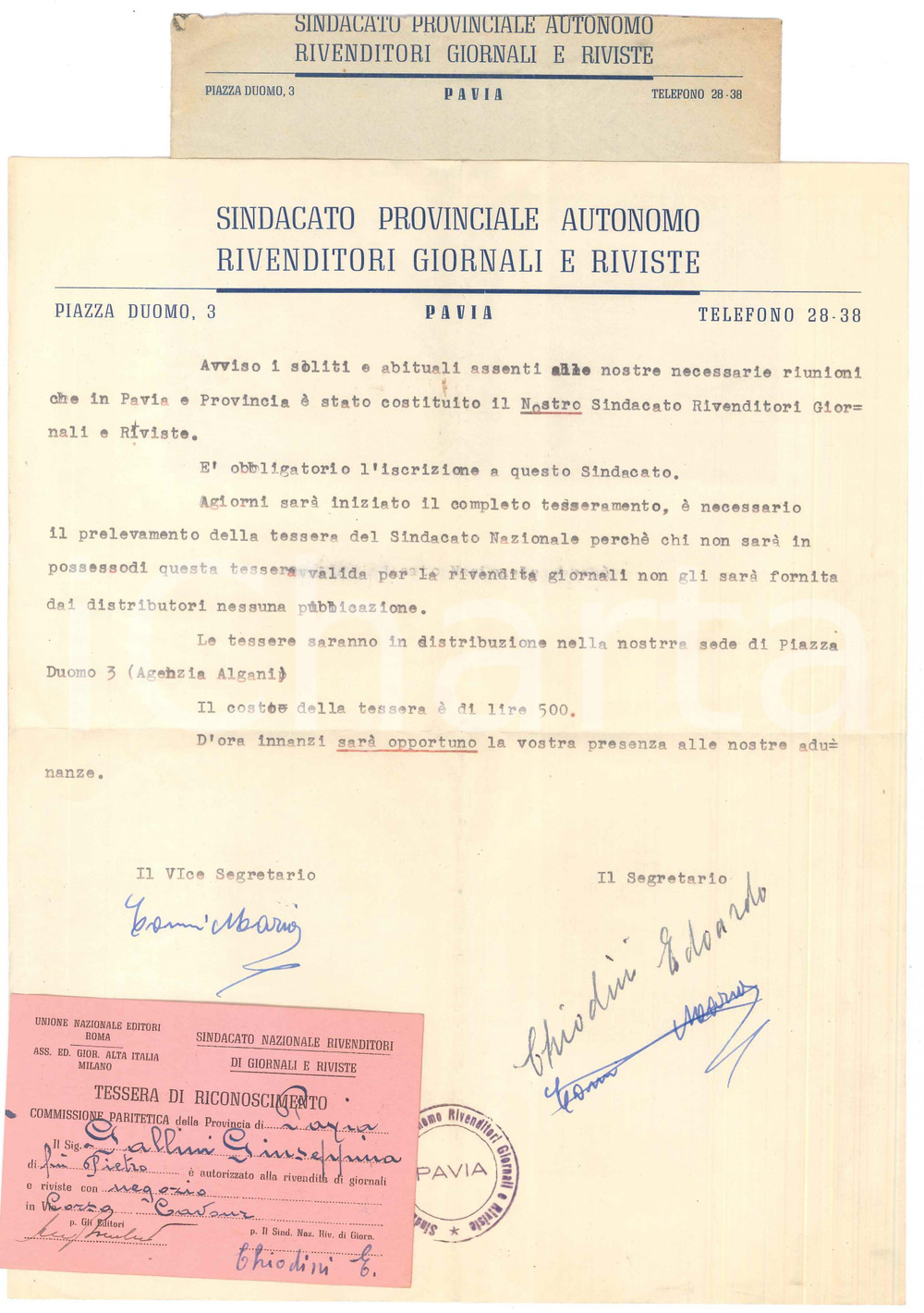 Documento originale, autentico 1950 ca PAVIA Sindacato Provinciale Rivenditori Giornali e Riviste  Lettera 1