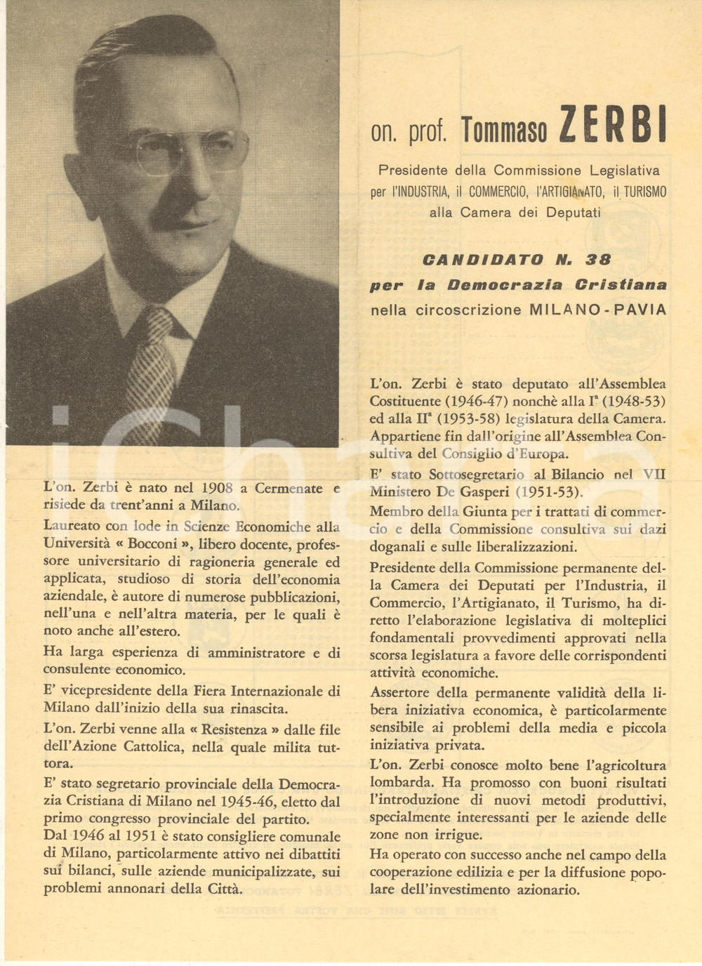 Materiale pubblicitario d’epoca 1960 ca DEMOCRAZIA CRISTIANA  Volantino elettorale Tommaso ZERBI 1