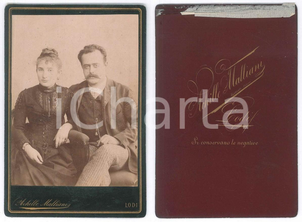 Fotografia d epoca originale 1880 ca LODI Coppia di coniugi  Ritratto Foto Achille MALLIANI 10x16 cm 1