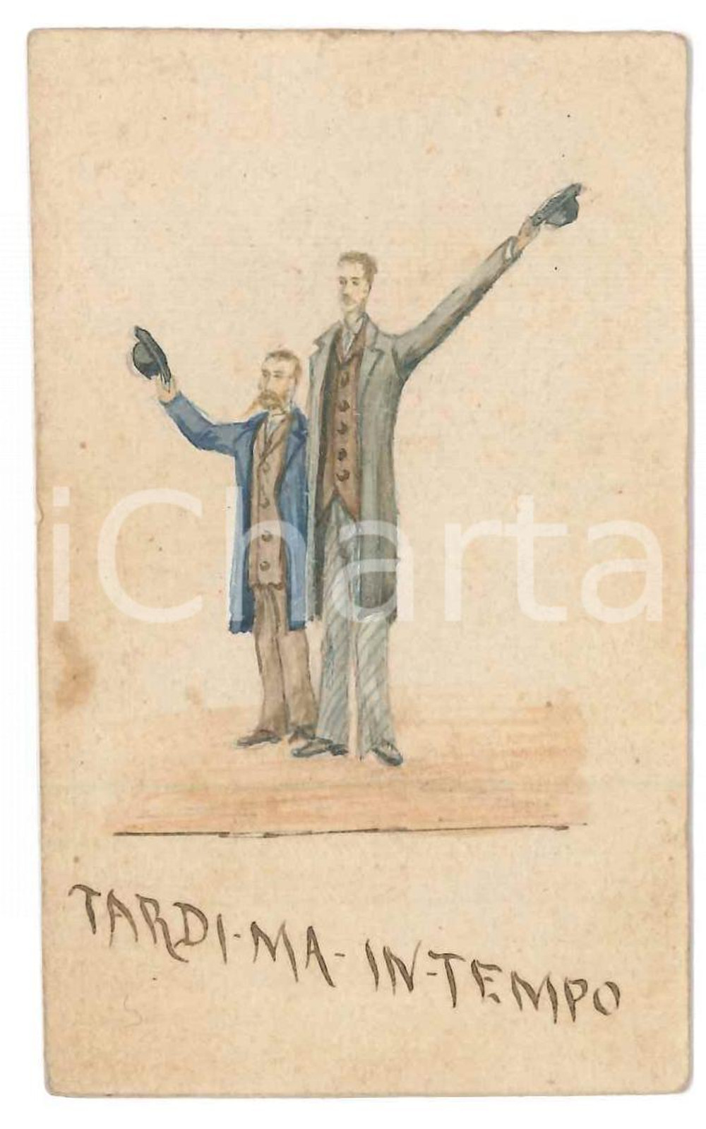 Oggetto da collezione cartaceo 1910 ca ARTE Tardi ma in tempo  Amici  Biglietto DISEGNATO A MANO 1