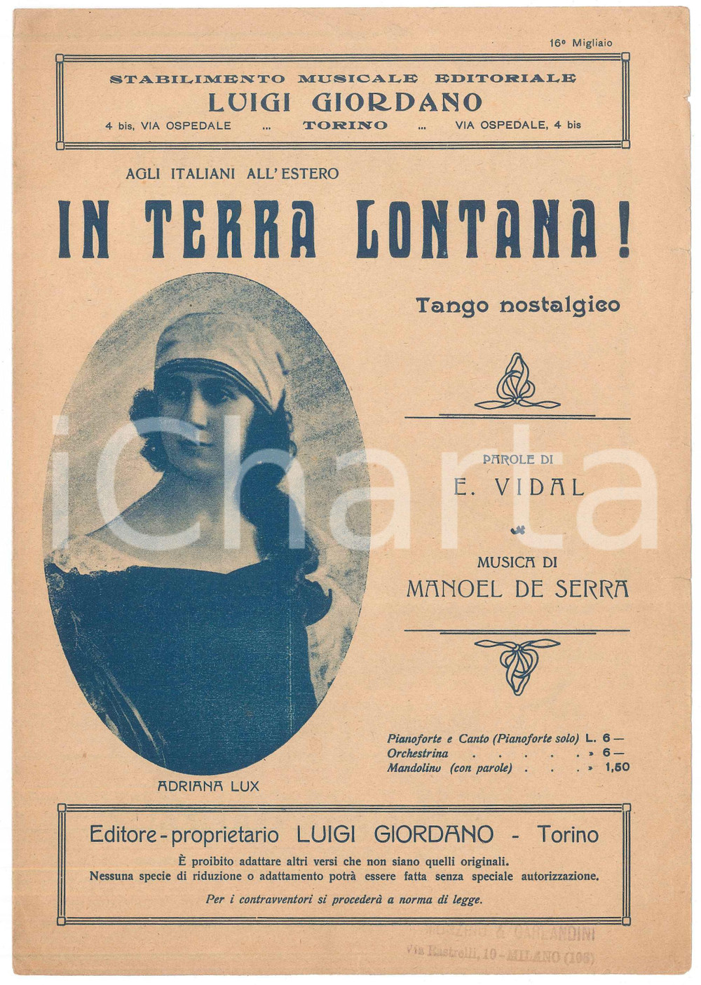 Oggetto da collezione cartaceo 1925 ca E. VIDAL Manoel DE SERRA In terra lontana!  Adriana LUX Spartito 1