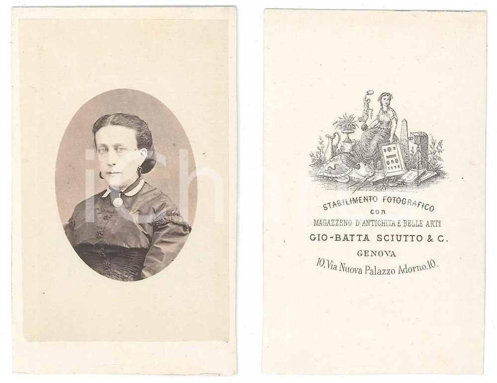 Fotografia d epoca originale 1870 ca GENOVA Ritratto di donna  Busto Foto G. B. SCIUTTO CDV 1