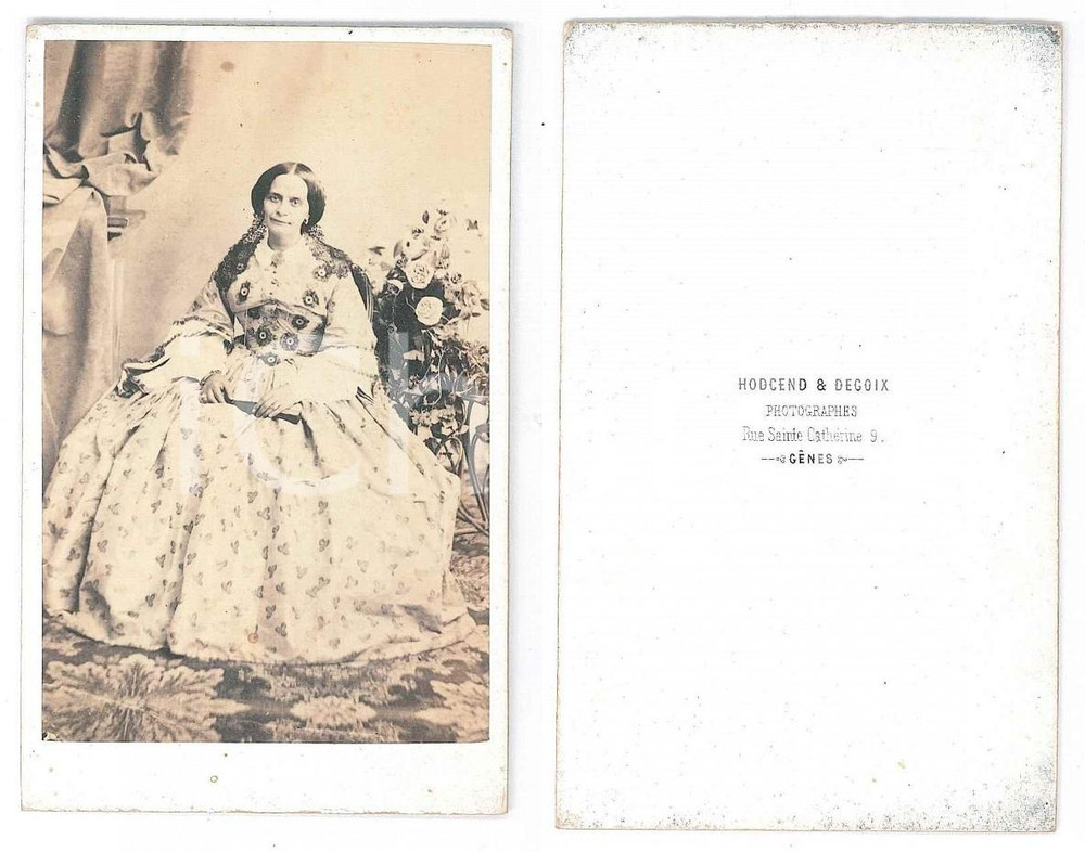 Fotografia d epoca originale 1870 ca NOBILTA  GENOVA Donna in abito stampato Foto HODCEND & DEGOIX 1