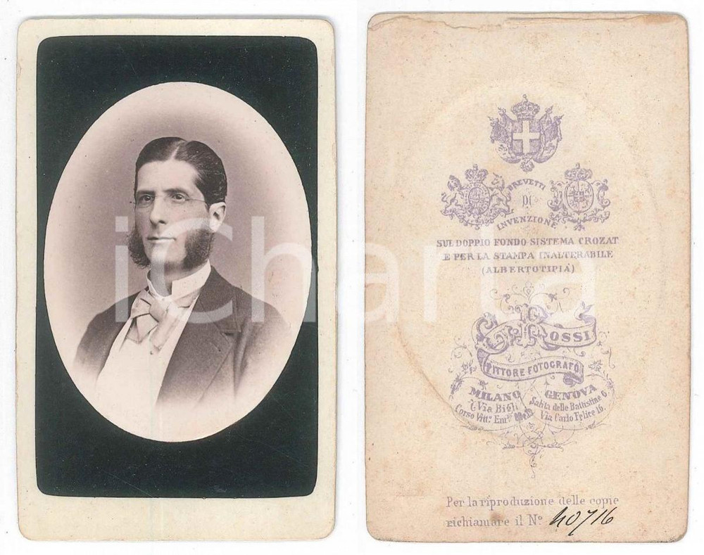 1870 ca GENOVA Ritratto di giovane uomo - Busto *Foto Giulio ROSSI CDV Fotografia originale d'epoca, montata su cartoncino morbido. GOOD/buono  Formato: 6x10 cm originale e autentica 1