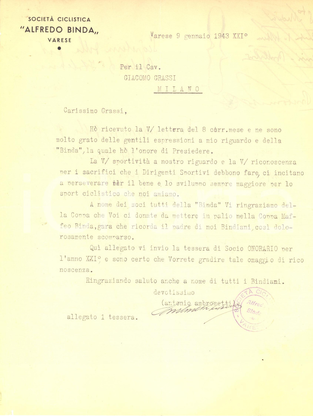Documento originale, autentico 1943 VARESE SocietÃ  Ciclistica Alfredo Binda  Antonio AMBROSETTI  Autografo 1