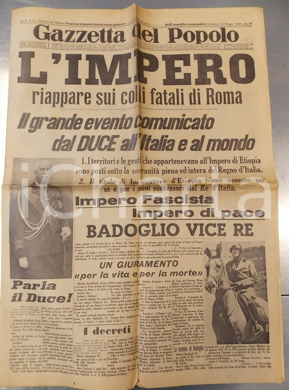 1936 GAZZETTA DEL POPOLO La proclamazione dell'Impero Fascista *Giornale