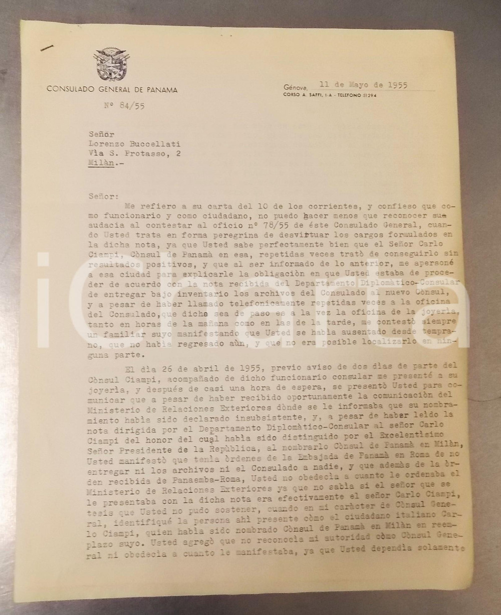Autografo originale 1955 GENOVA Consulado General de PANAMA  Lettera Italo JosÃ© ZAPPI Autografo 1