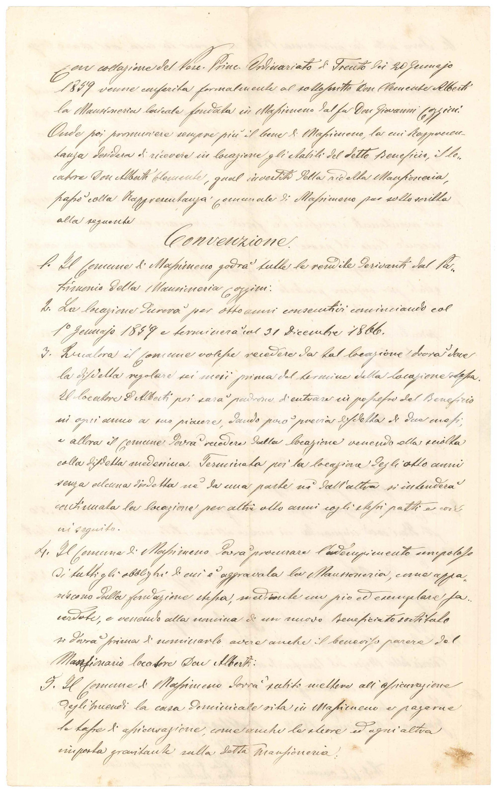 Documento originale, autentico 1859 MASSIMENO TN Convenzione per godimento rendite Mansioneria COZZINI 1