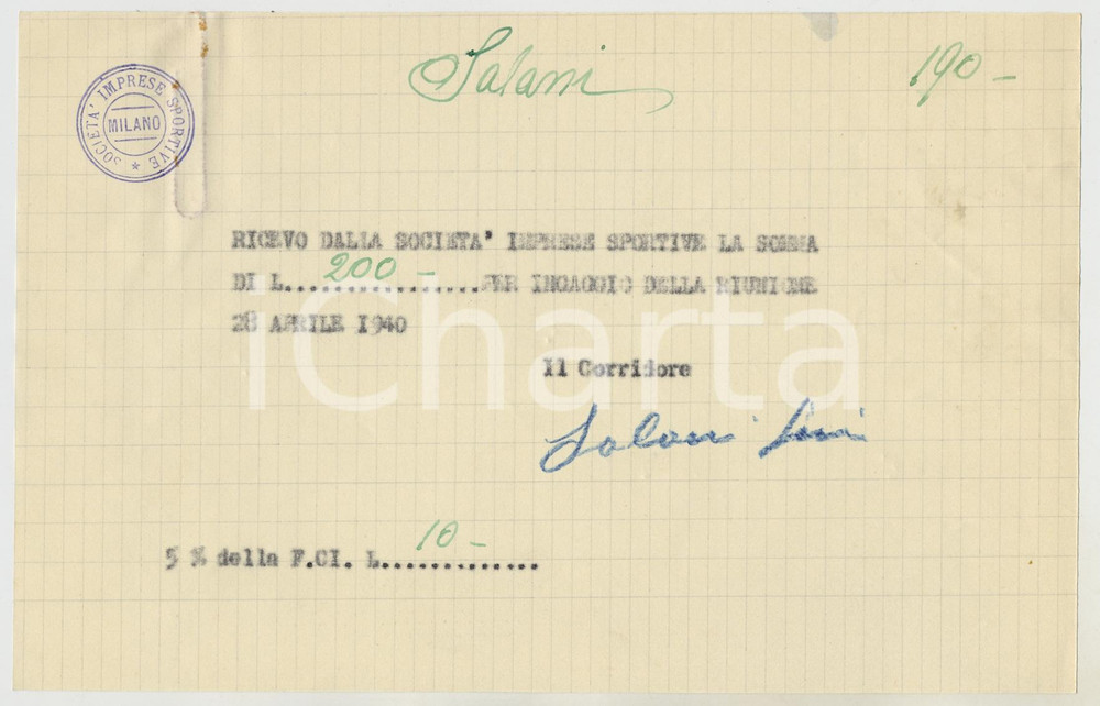 Autografo originale 1940 CICLISMO Milano Vigorelli  Ricevuta Gino SALANI per corsa AUTOGRAFO 1