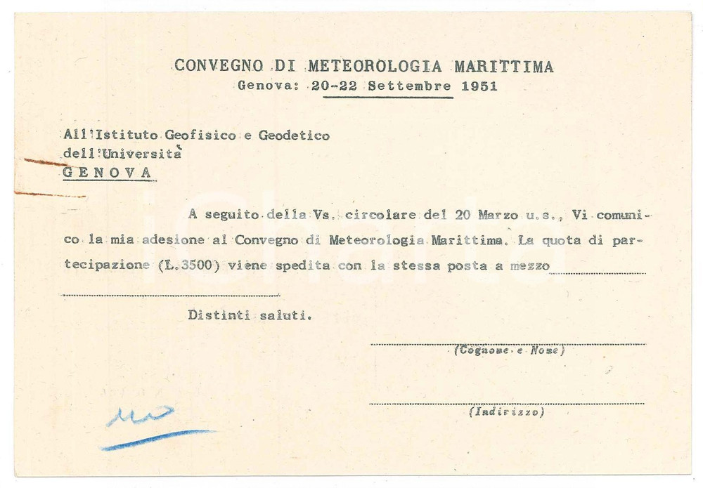 Oggetto da collezione cartaceo 1951 GENOVA Convegno di Meteorologia Marittima  Biglietto di adesione 1