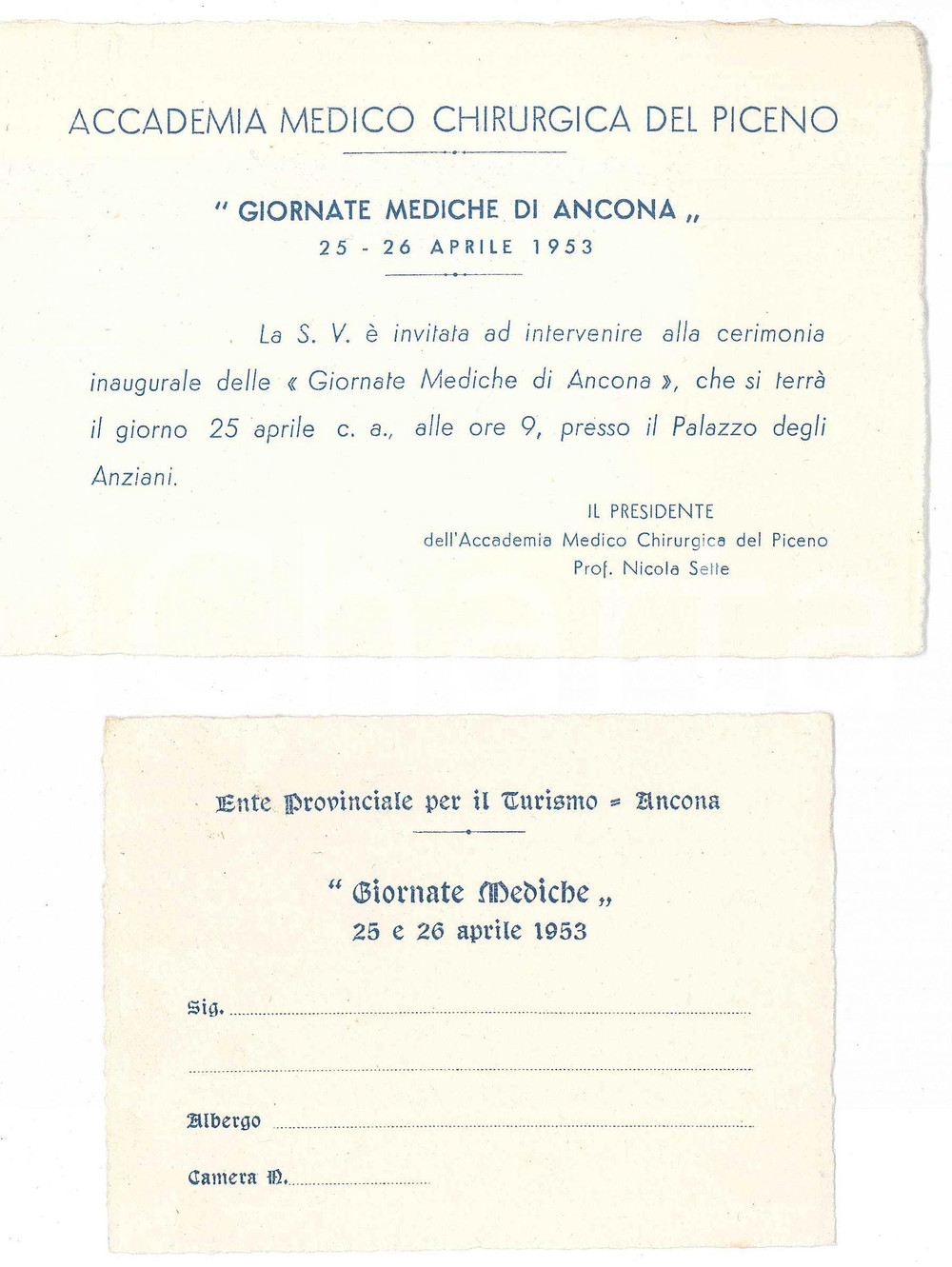 Oggetto da collezione cartaceo 1953 Accademia Medico Chirurgica del Piceno  Giornate Mediche ANCONA Invito 1