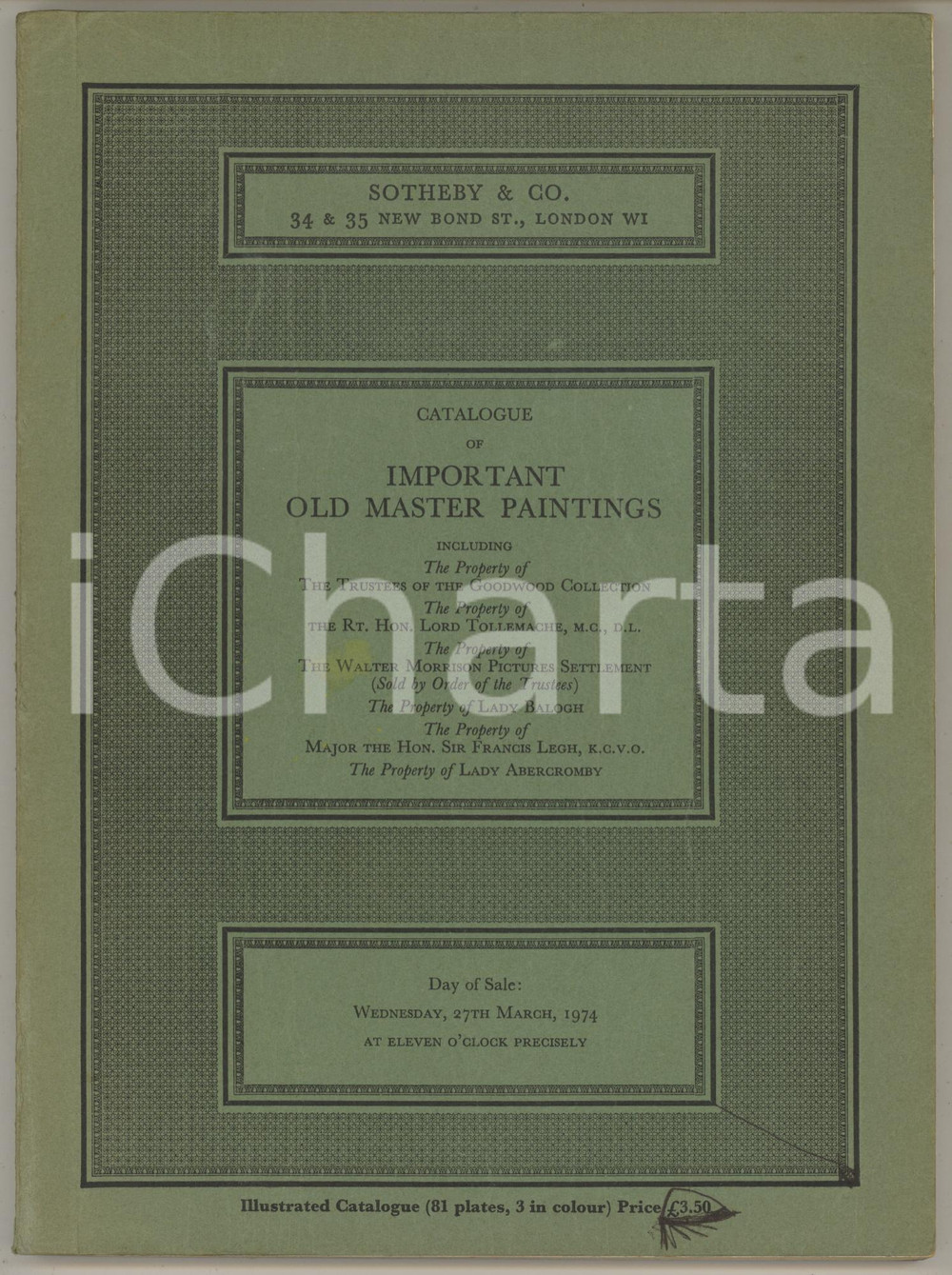 1974 LONDON SOTHEBY'S Catalogue of important old master paintings ^ILLUSTRATED Catalogo originale dell'asta del 27 marzo 1974, illustrato.PAGINE: 116 POOR/danneggiato buone condizioni interne, ma piegature in copertina, con piccolo strappo al dorso; scritte in copertina, alle penultime pagine e sporadiche all'interno Formato: 18x24 cm originale e autentica 1