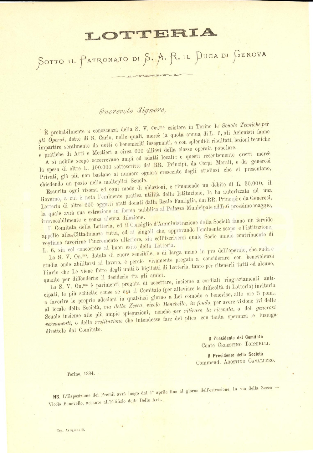 Documento originale, autentico 1884 TORINO Lotteria pro scuole tecniche SAN CARLO per gli operai Volantino 1 1