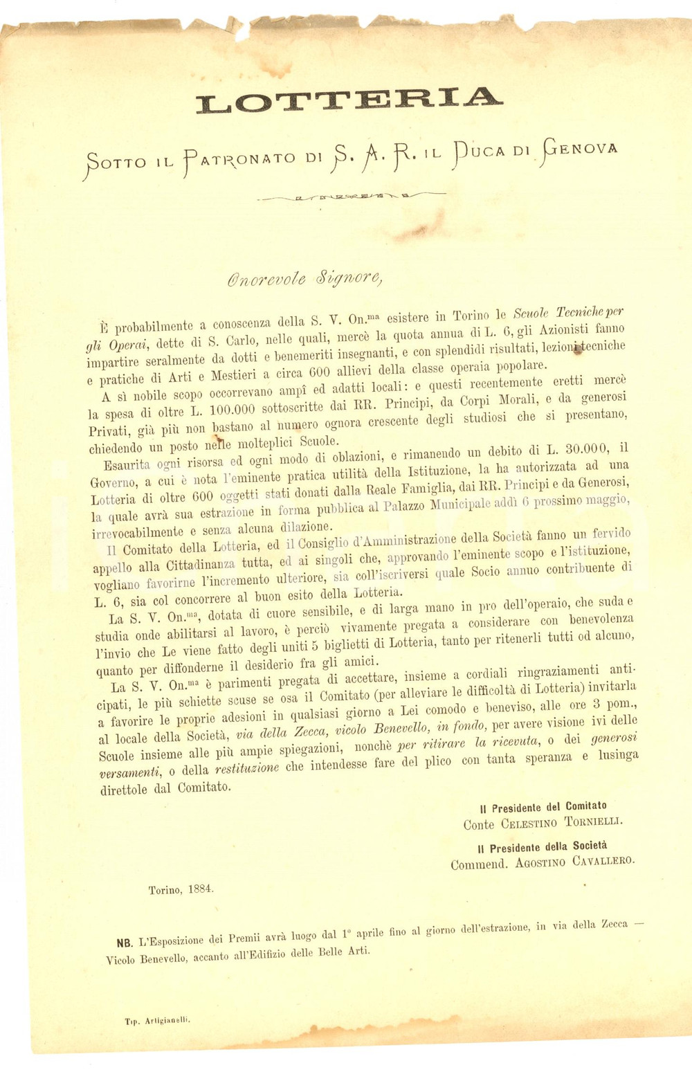 Documento originale, autentico 1884 TORINO Lotteria pro scuole tecniche SAN CARLO per gli operai Volantino 3 1