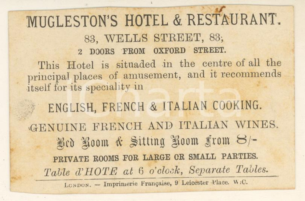 Oggetto da collezione cartaceo 1915 ca LONDON Wells Street  MUGLESTON S Hotel & Restaurant  Biglietto 1