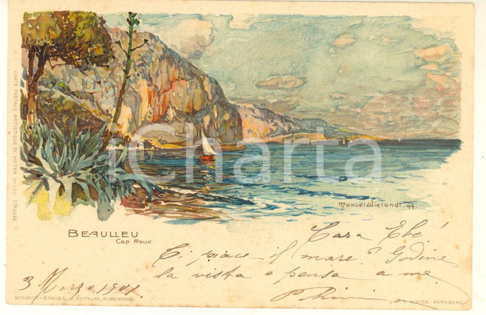Cartolina originale da collezione 1907 BEAULIEUSURMER Cap Roux Cartolina ill. Manuel WIELANDT FP VG 1