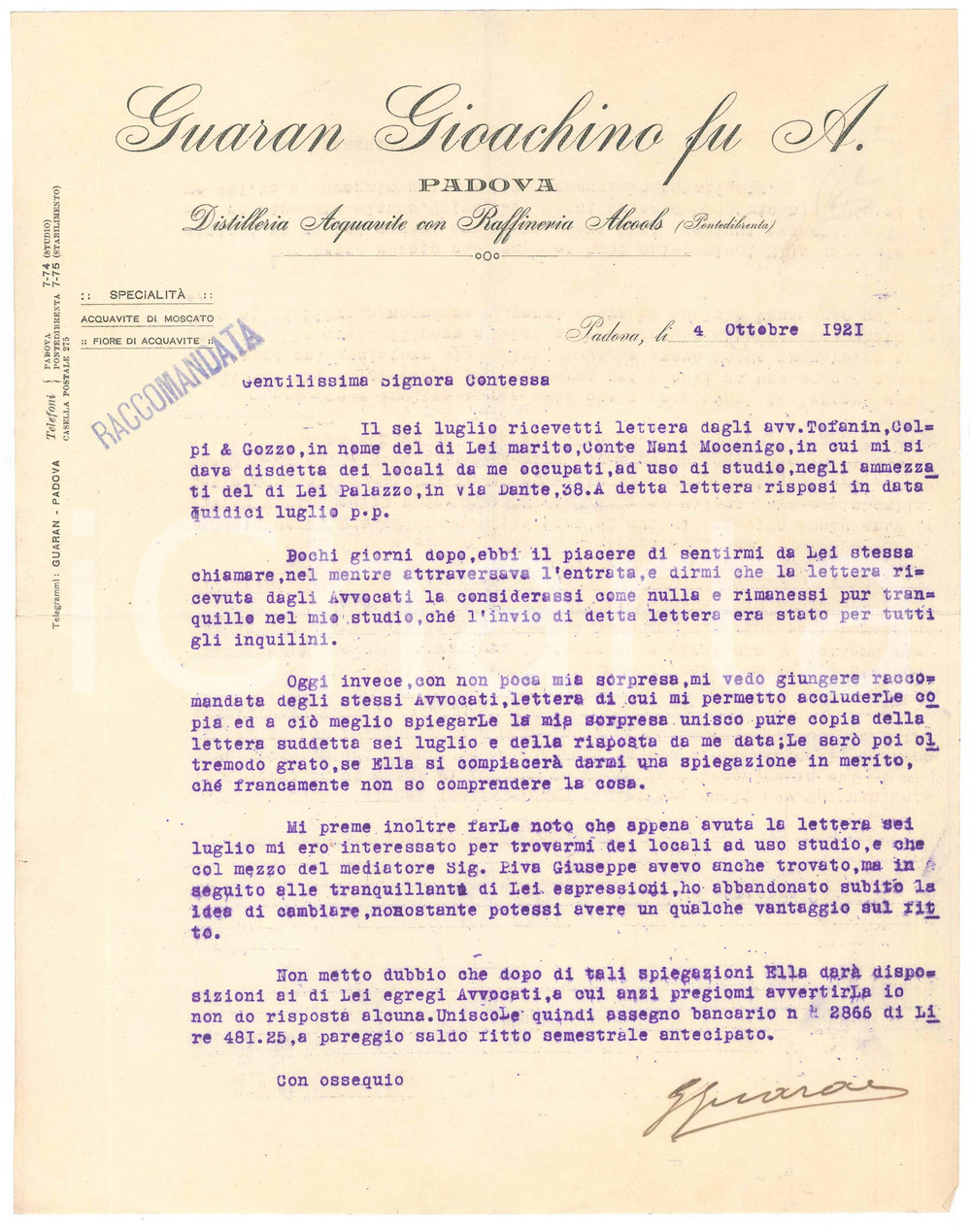 Documento originale, autentico 1921 PADOVA  GUARAN Gioachino  Distilleria Acquavite  Lettera 1