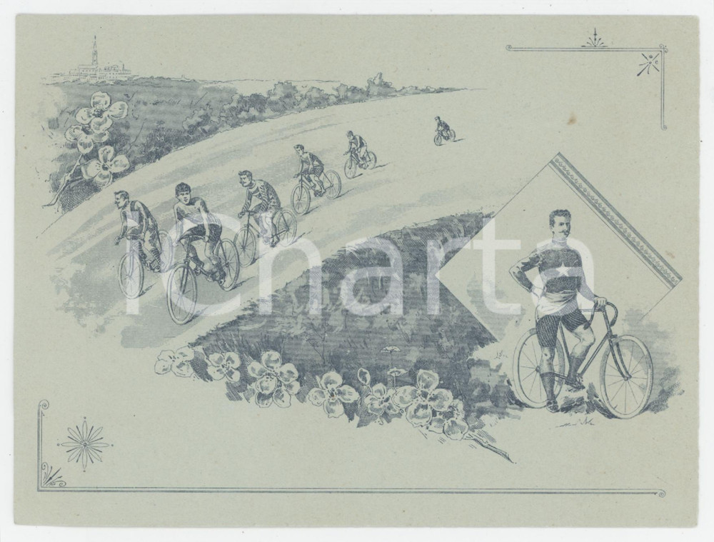 1910 ca CICLISMO ITALIA Ditta Enrico BEATI - Cartoncino pubblicitario RARO Cartoncino pubblicitario d'epoca, illustrato al recto.  FAIR/discreto piccola piegatura angolare; abrasione e residuo di colla al verso Formato: 14x11 cm originale e autentica 1