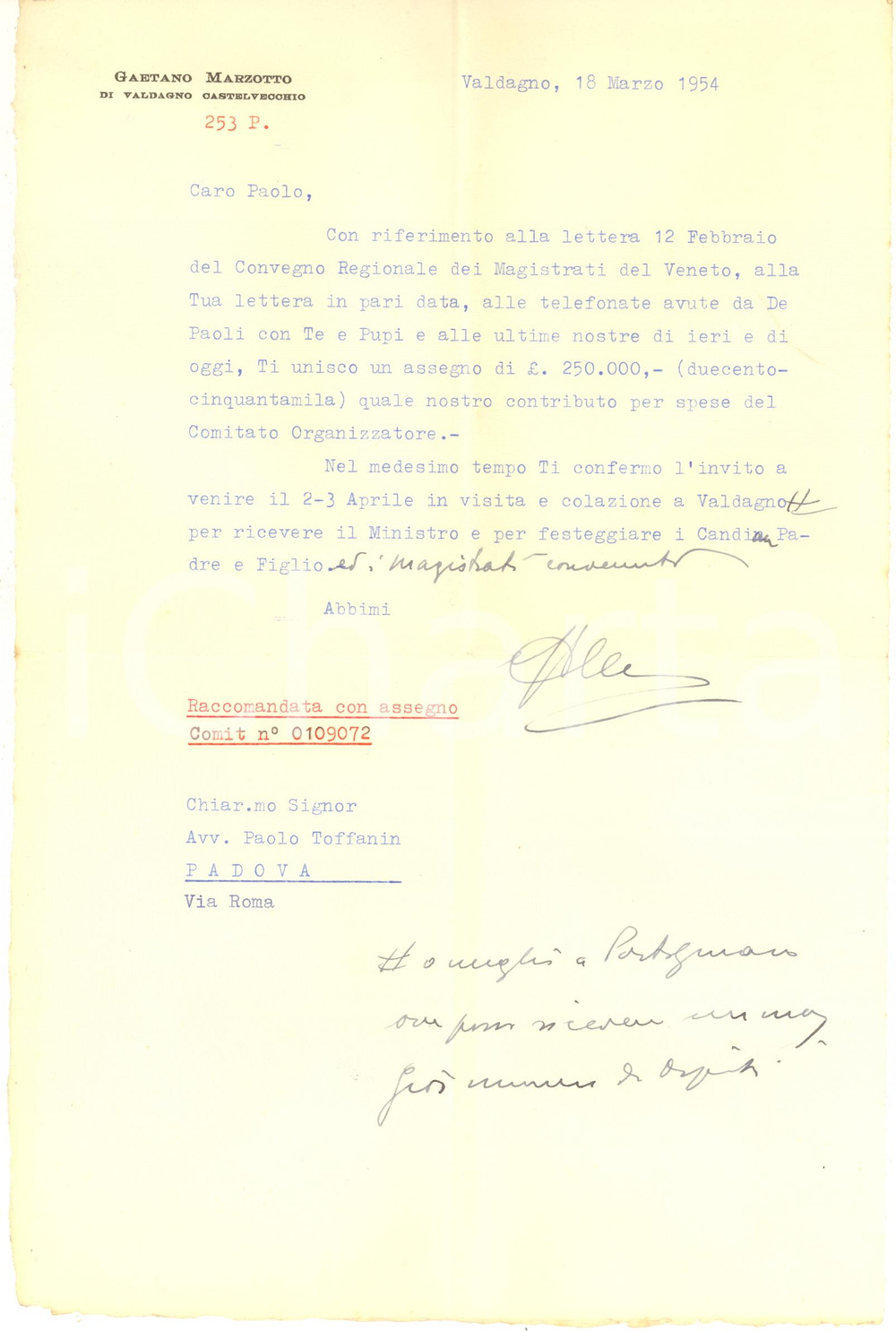 Autografo originale 1954 VALDAGNO Lettera Gaetano MARZOTTO per contributo  AUTOGRAFO 1