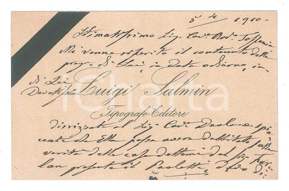 Autografo originale 1910 PADOVA Luigi SALMIN Tipografo Editore  Biglietto da visita AUTOGRAFO 1