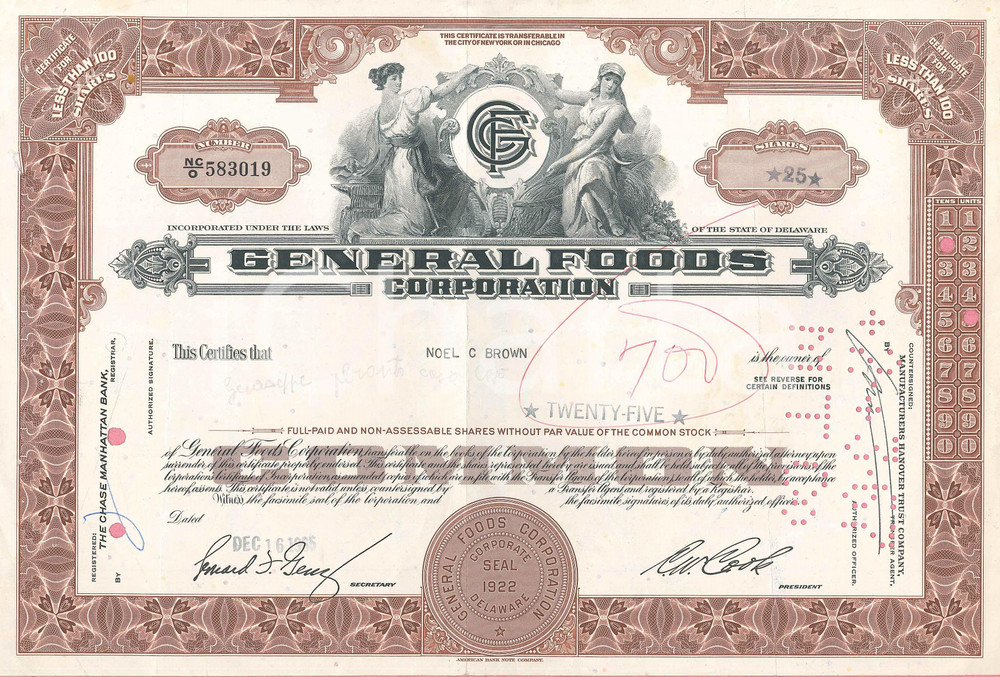 Oggetto da collezione cartaceo 1965 GENERAL FOODS CORPORATION  Share certificate  25 shares 1