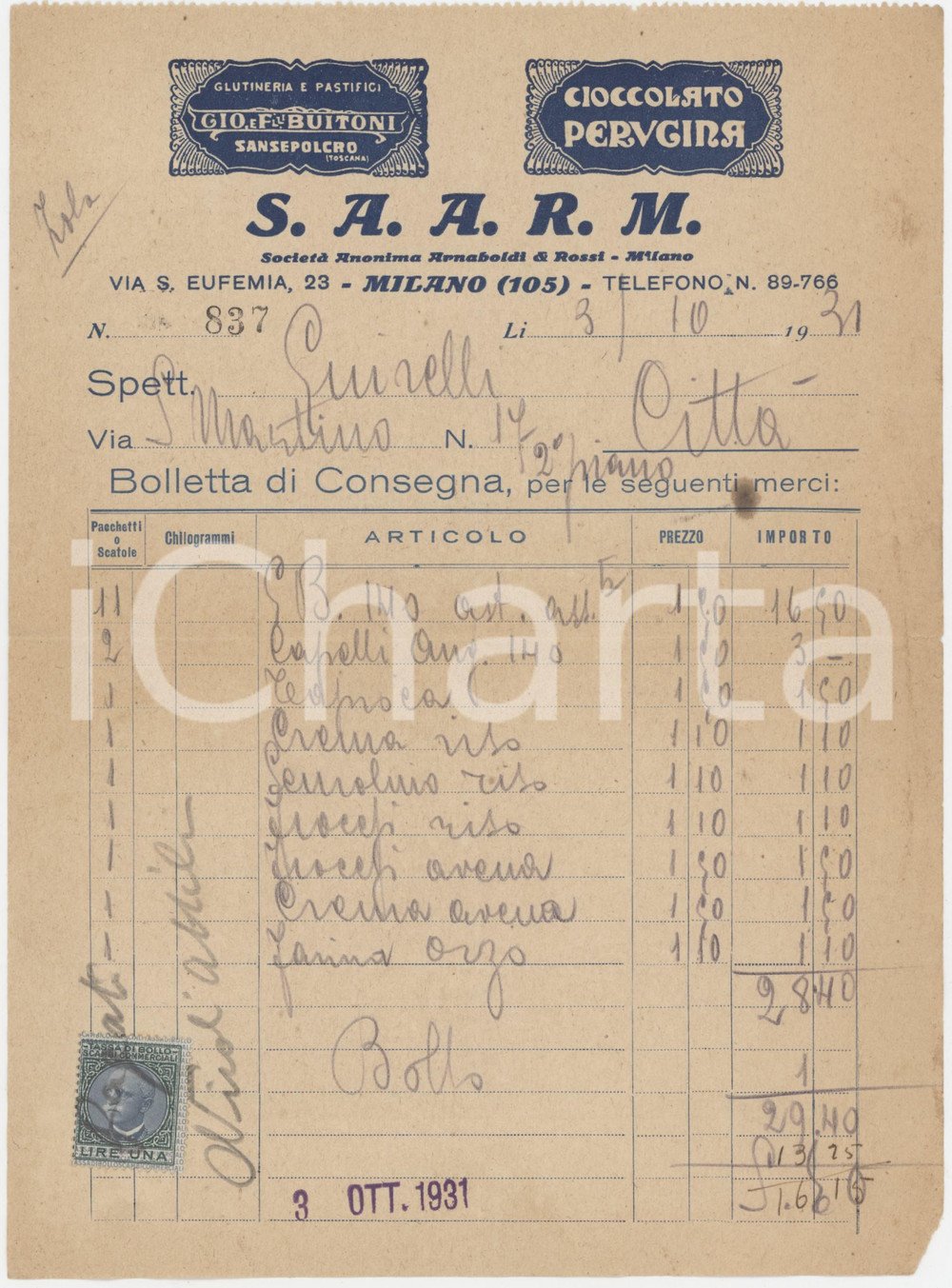Documento originale, autentico 1931 MILANO  SocietÃ  Anonima ARNABOLDI & ROSSI Farinacei  Bolletta di consegna 1