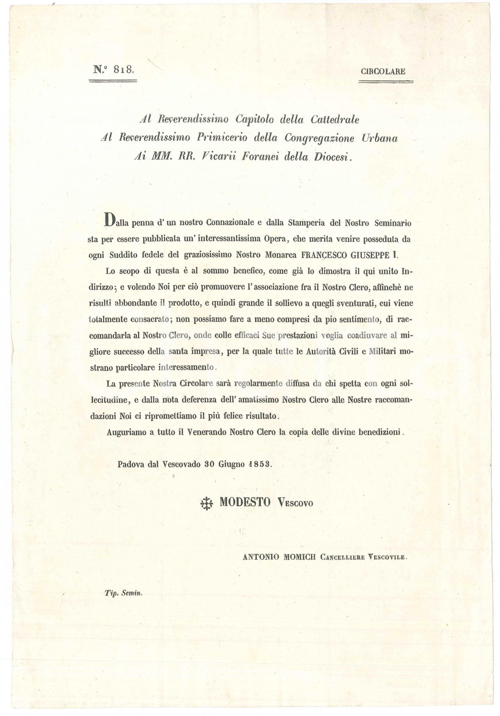 Documento originale, autentico 1853 PADOVA Lettera vescovo Modesto FARINA pro opera a stampa benefica 1