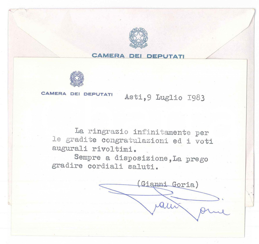 Autografo originale 1983 ASTI Giovanni GORIA  Biglietto Camera dei Deputati  AUTOGRAFO 1