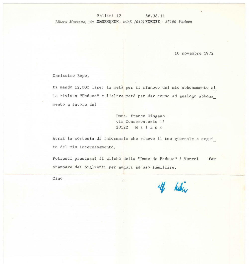 Autografo originale 1972 PADOVA Lettera Libero MARZETTO per abbonamento a Padova  AUTOGRAFO 1