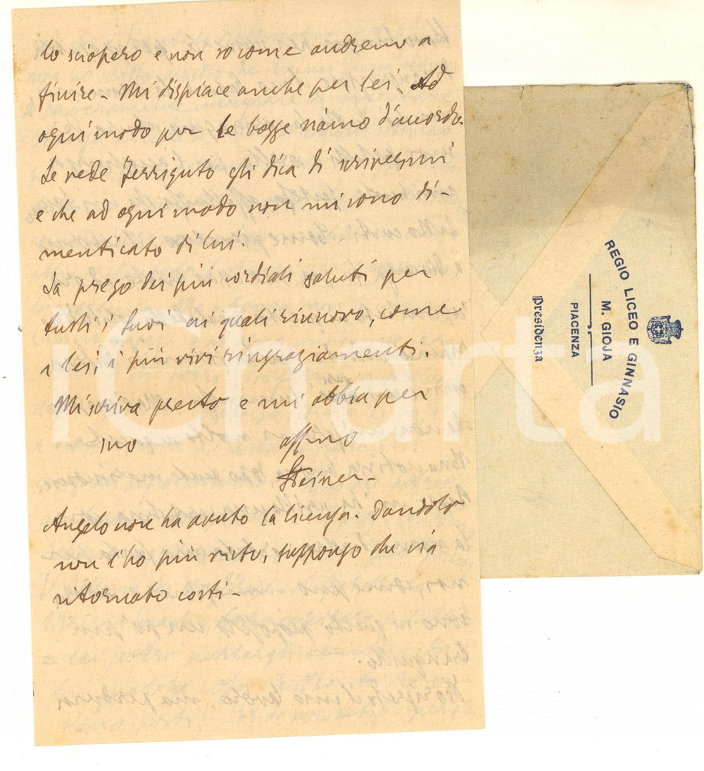 Autografo originale 1919 PIACENZA Lettera Carlo STEINER in cerca di un nuovo incarico AUTOGRAFO 1
