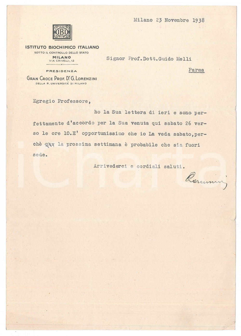 Autografo originale 1938 MILANO Istituto Biochimico  Lettera Giovanni LORENZINI  AUTOGRAFO 1