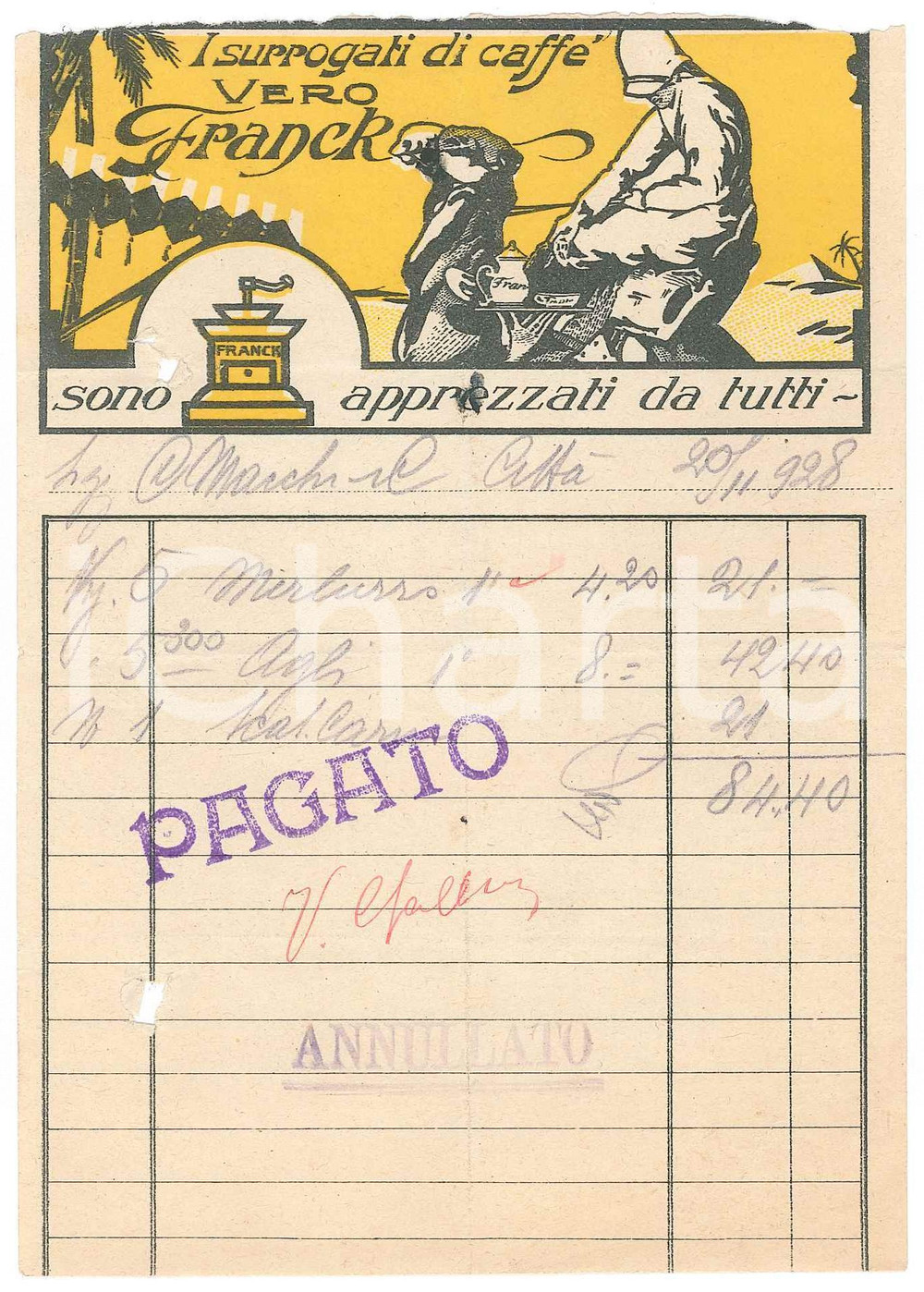 Documento originale, autentico 1928 MILANO Ditta FRANCK  Surrogati di CaffÃ¨ vero   Ricevuta ILLUSTRATA 1