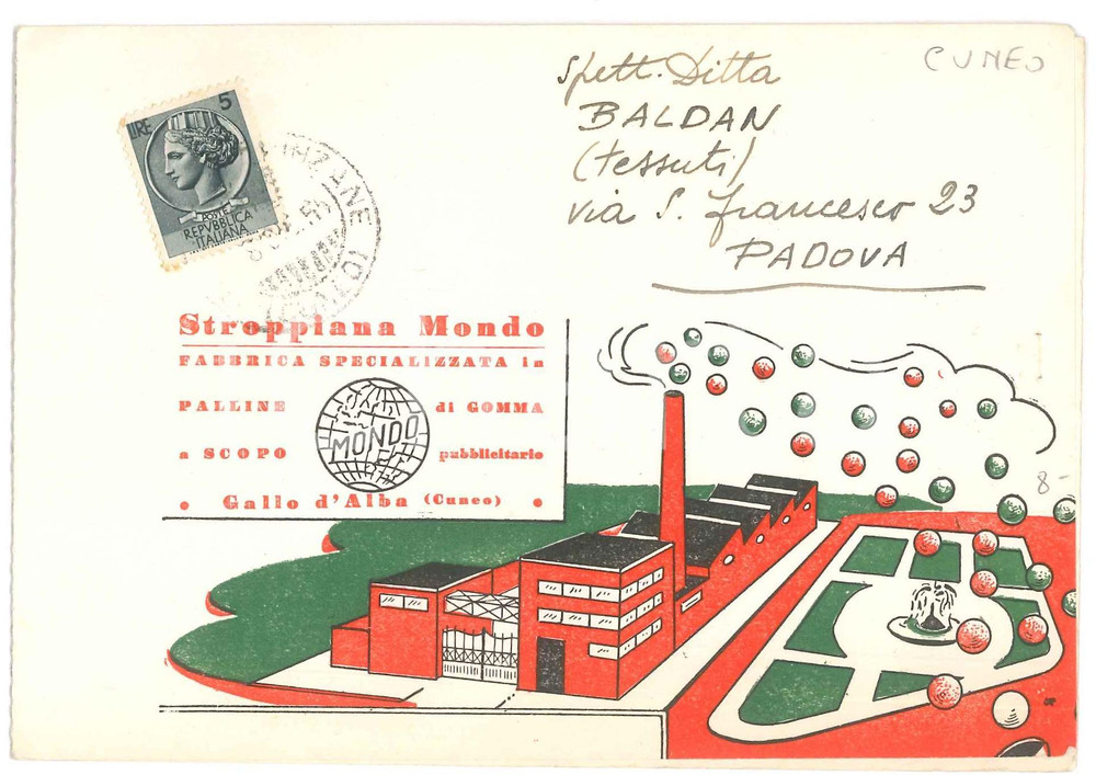 Materiale pubblicitario d’epoca 1955 GALLO D ALBA CN Ditta STROPPIANA MONDO palline di gomma  Biglietto 1