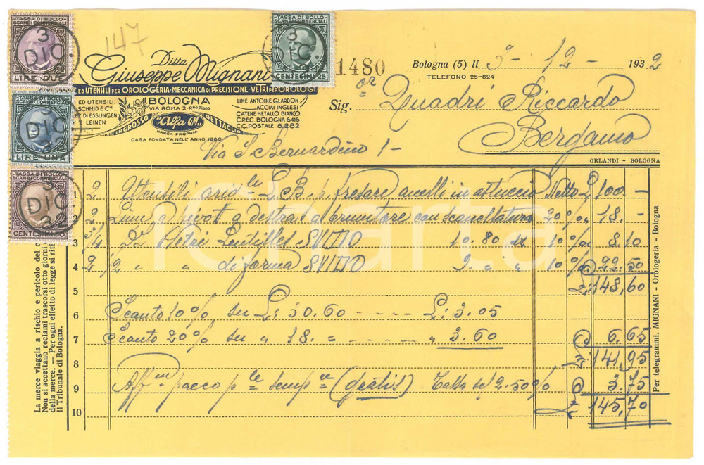 Documento originale, autentico 1932 BOLOGNA Via Roma 2  Giuseppe MIGNANI Forniture per orologeria Fattura 5 1
