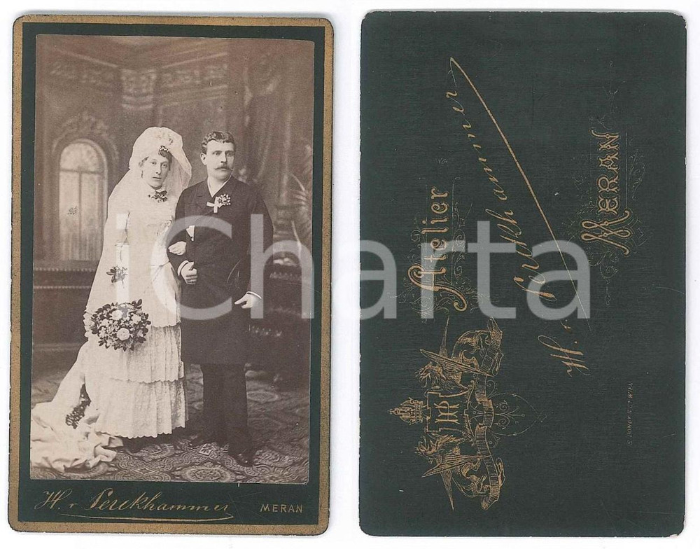 Fotografia d epoca originale 1890 ca MERANO BZ Coppia di due giovani sposi Foto H. PERCKHAMMER CDV 1