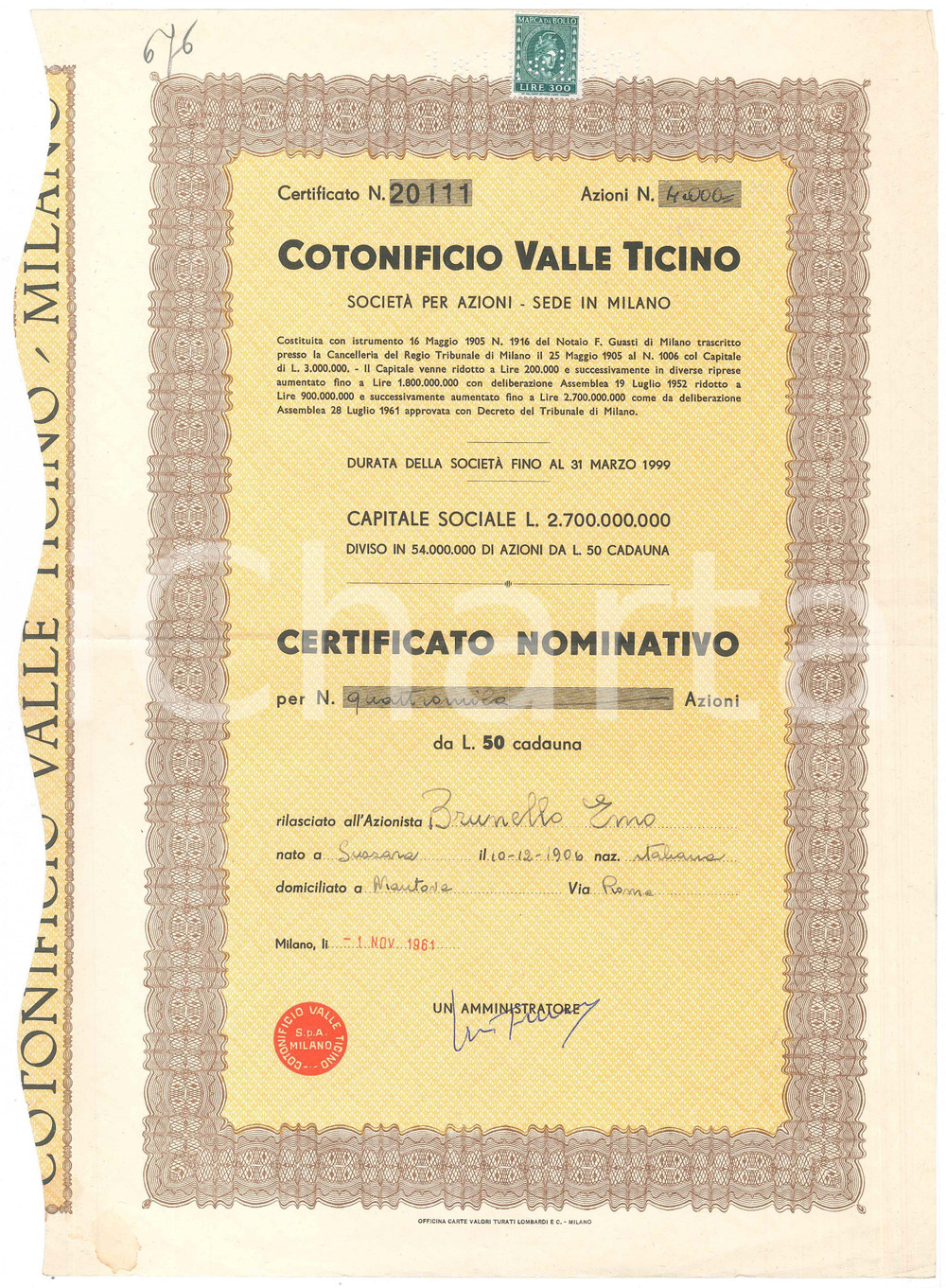 Oggetto da collezione cartaceo 1961 MILANO Cotonificio VALLE TICINO spa Certificato nominativo 4000 azioni 1