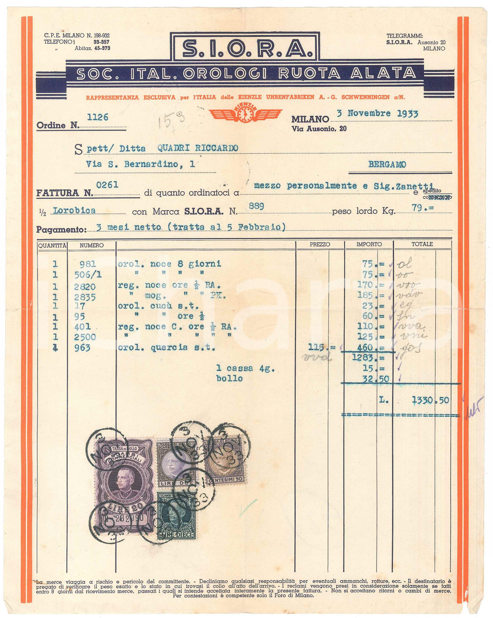 Documento originale, autentico 1933 MILANO Via Ausonio 30  S.I.O.R.A. Società Orologi Ruota Alata Fattura 1