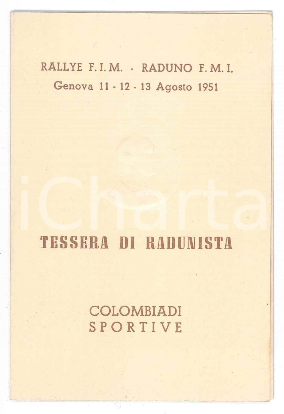Oggetto da collezione cartaceo 1951 GENOVA Radumo FMI Colombiadi sportive  Tessera di radunista 7x11 cm 1