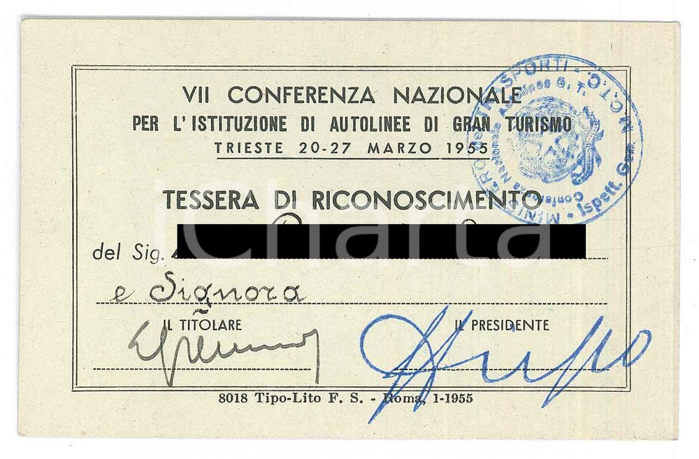 Oggetto da collezione cartaceo 1955 TRIESTE  VII Conferenza istituzione autolinee da gran turismo  Tessera 1