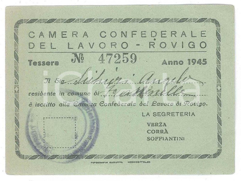 Oggetto da collezione cartaceo 1945 ROVIGO Camera confederale del lavoro  Tessera di iscrizione 11x8 cm 1