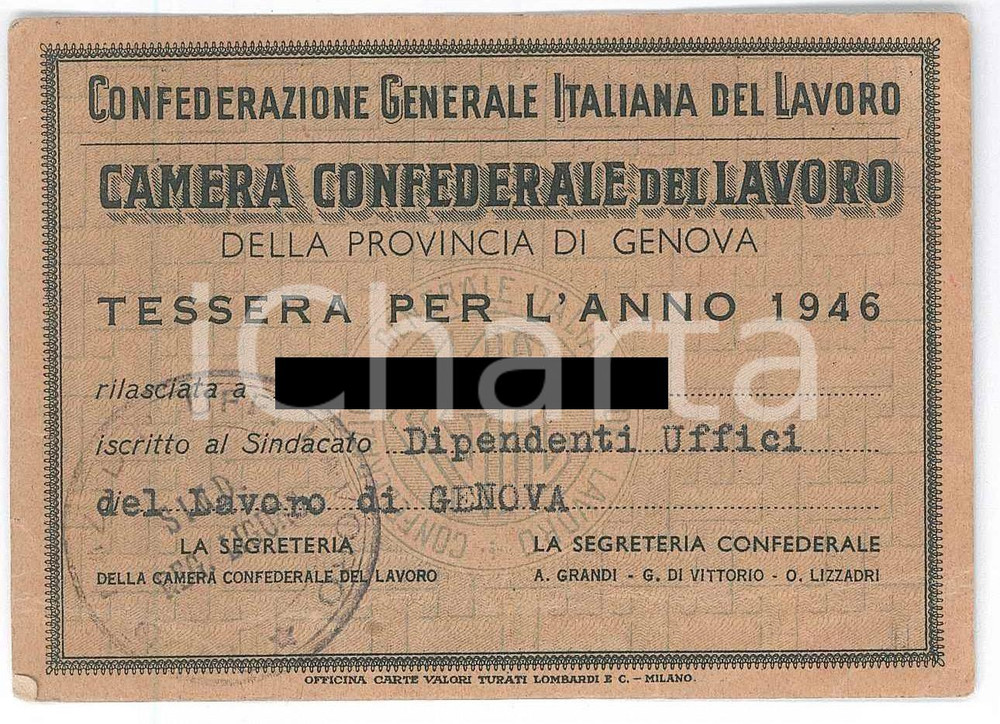 Oggetto da collezione cartaceo 1946 GENOVA Camera confederale del lavoro  Tessera 10x7 cm 1