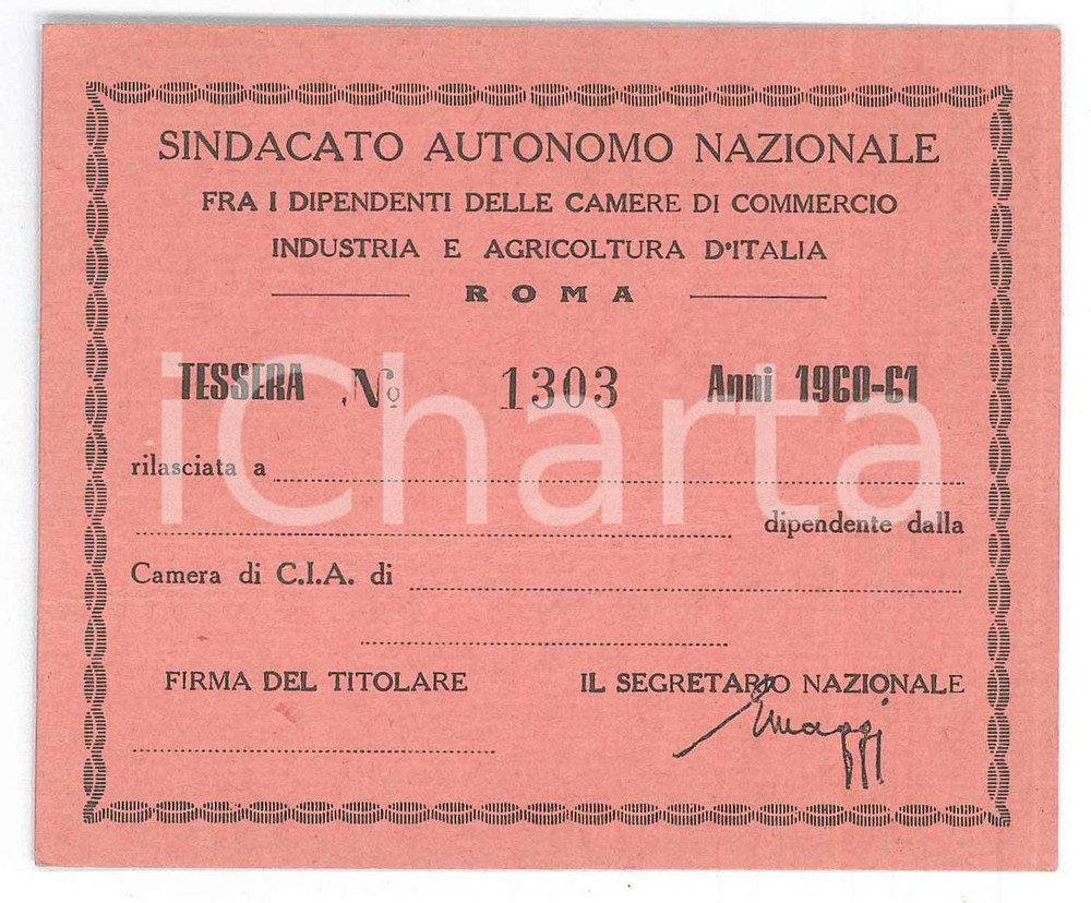Oggetto da collezione cartaceo 1961 ROMA Sindacato dipendenti camere di commercio industria agricoltura Tessera 1