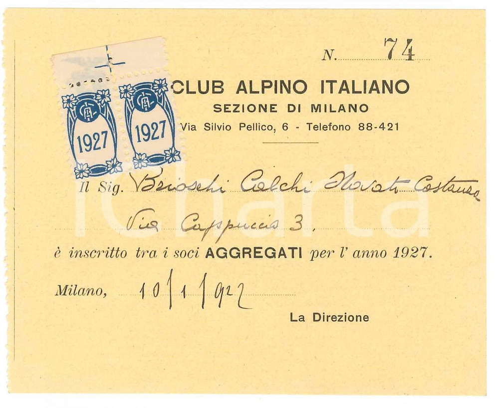 Oggetto da collezione cartaceo 1927 MILANO CLUB ALPINO ITALIANO Tessera socia Costanza BRIOSCHI CALCHI NOVATI 1